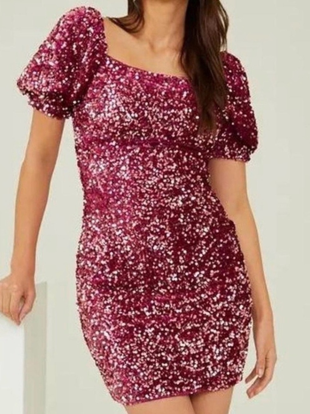 Altar'd State Sequin Puff Sleeve Mini Dress in Fuchsia